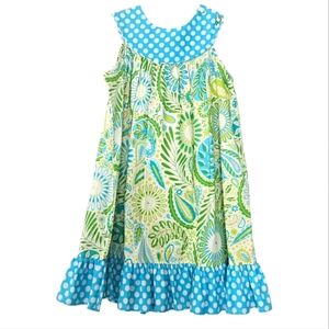 Kelly's Kids Blue Green Polka Dot Floral A line Dress Size 7/8